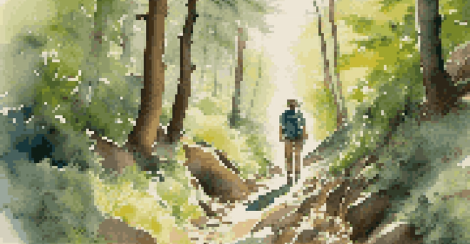 A hiker on a rocky trail in a lush green forest, wearing moisture-wicking clothing, a wide-brimmed hat, and sunglasses.