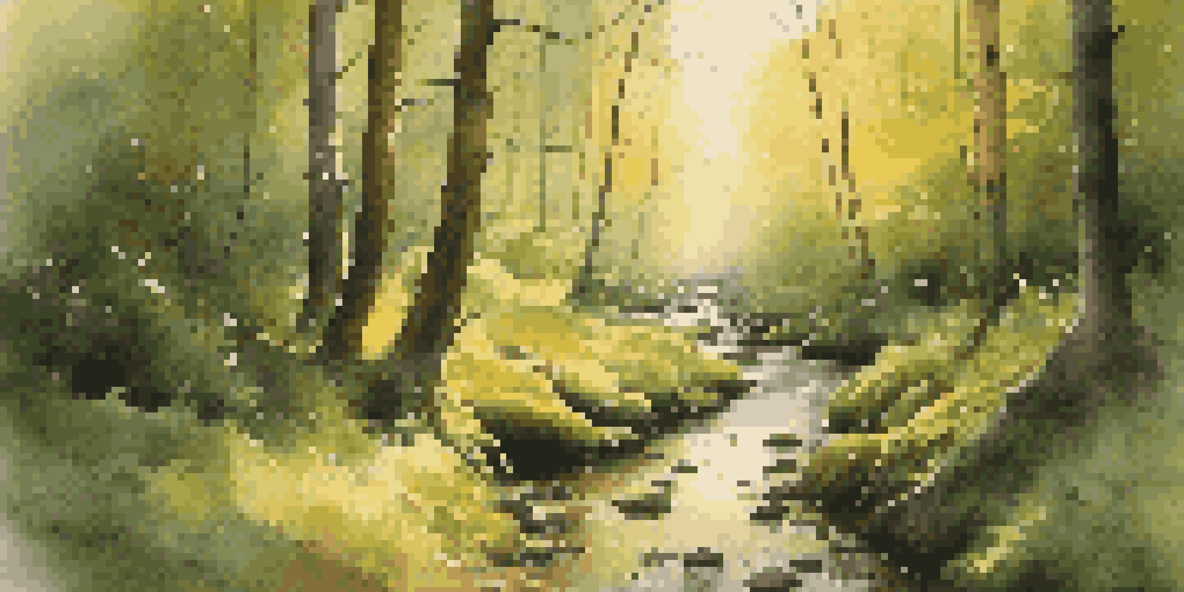 A peaceful forest with sunlight streaming through trees, a mossy path, and a stream.