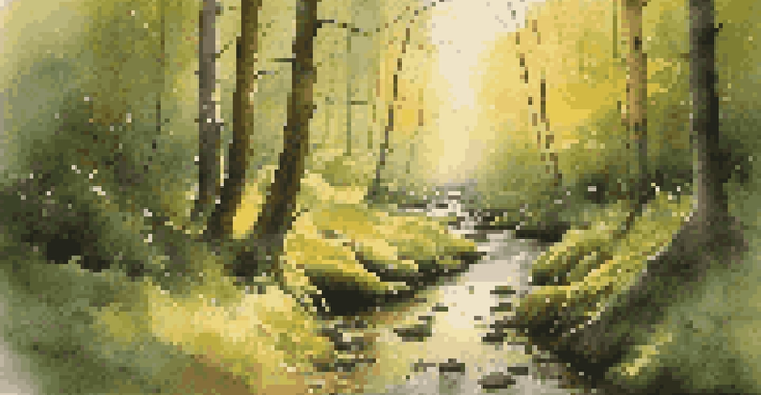 A peaceful forest with sunlight streaming through trees, a mossy path, and a stream.