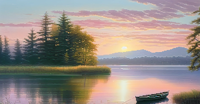 A tranquil morning landscape featuring a misty lake and lush green trees, with a small wooden boat on the water and a pastel-colored sky at sunrise.