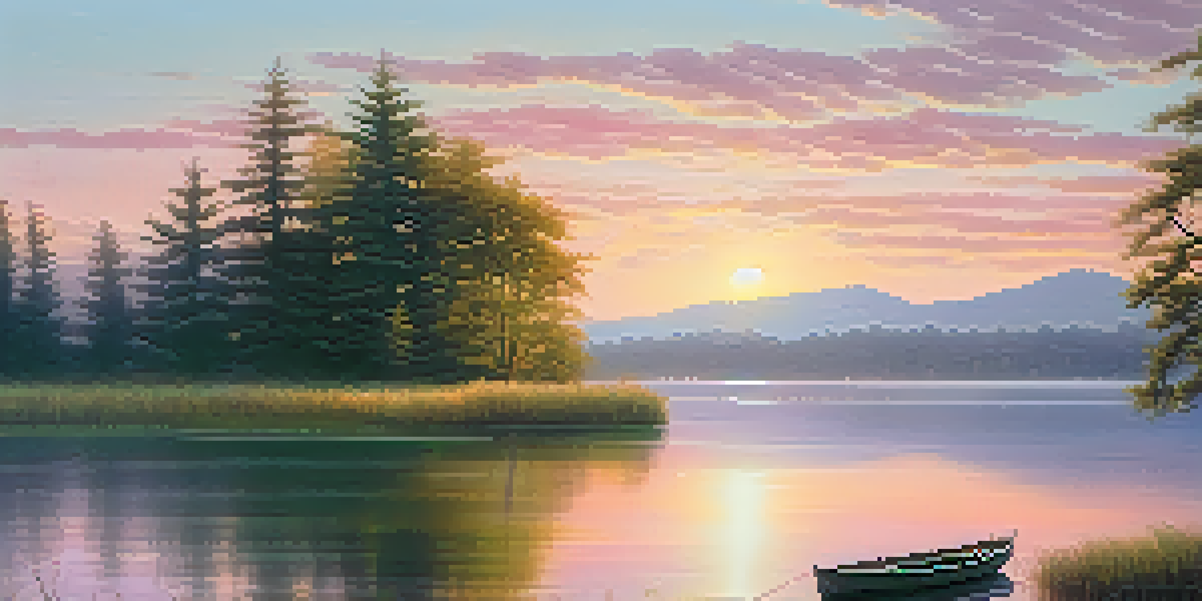 A tranquil morning landscape featuring a misty lake and lush green trees, with a small wooden boat on the water and a pastel-colored sky at sunrise.
