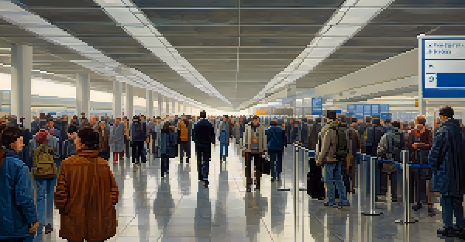 A traveler dressed comfortably walking through an airport security line with a light jacket.