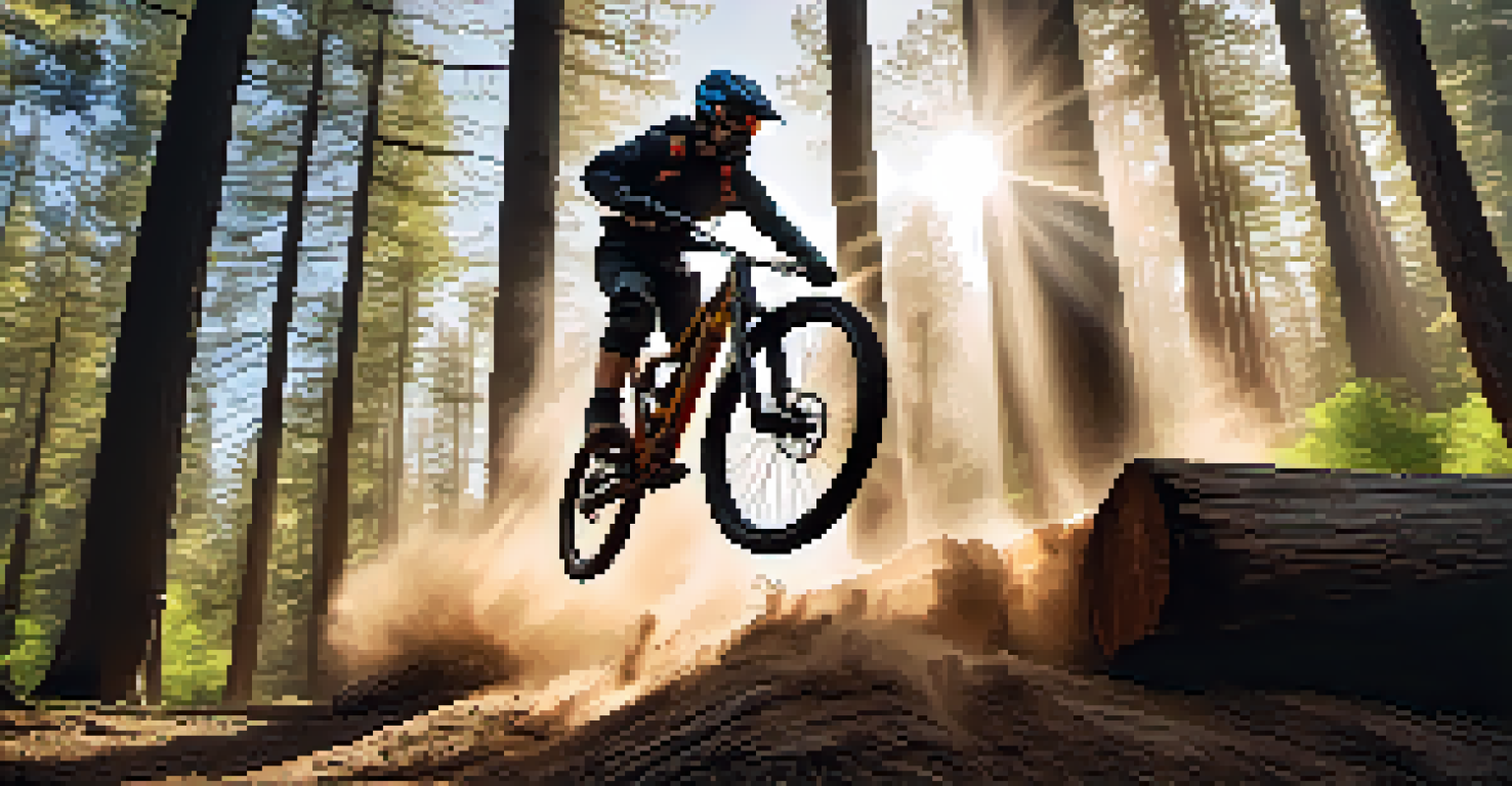A mountain biker jumping over a log in a sunny forest, with dust flying and trees illuminated by sunlight.