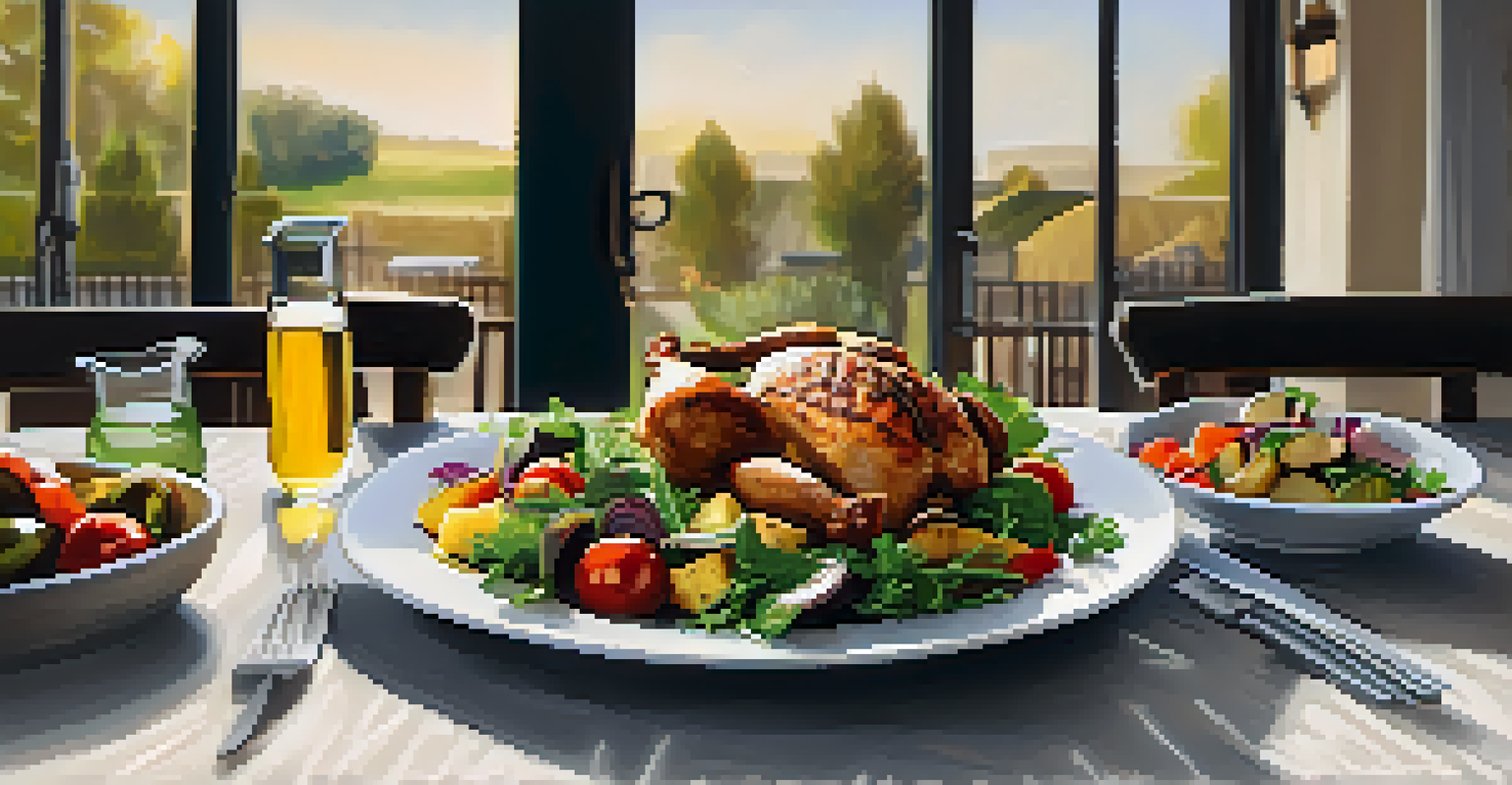 A dining table set with a Paleo meal of grilled chicken, roasted vegetables, and salad in a warmly lit restaurant.