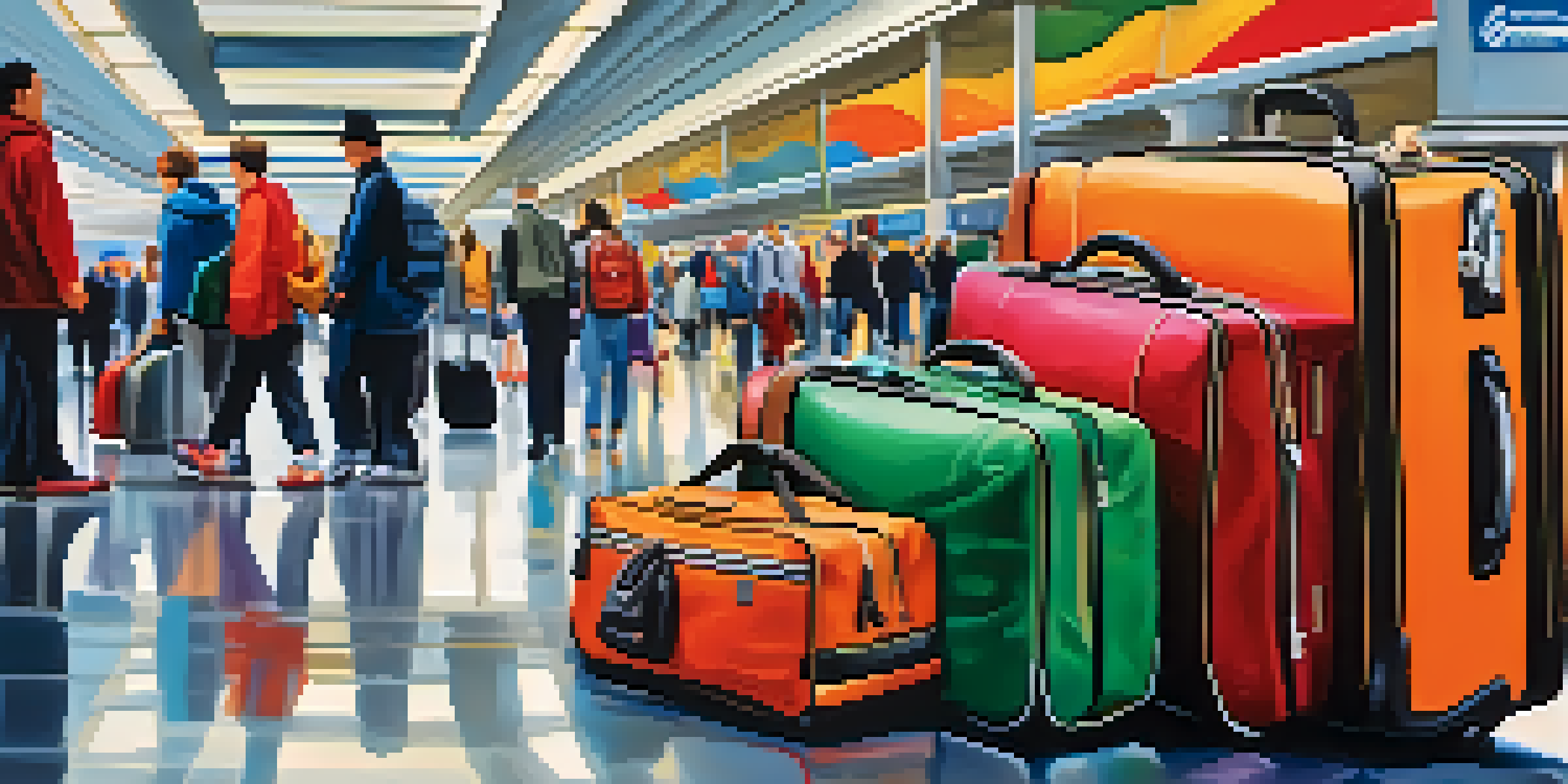 A travel bag organized with athletic gear, set in a busy airport environment with travelers in the background.