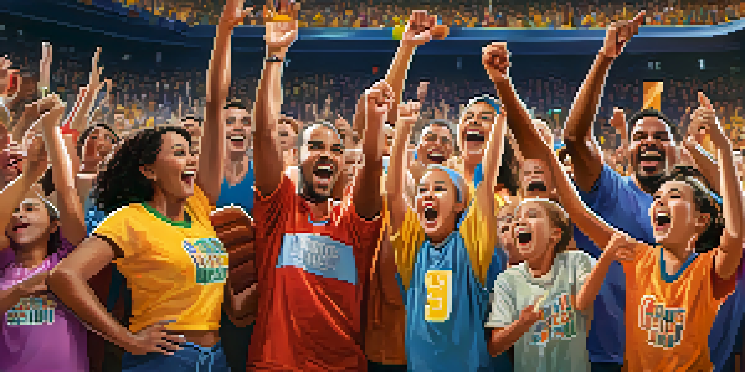 A family joyfully cheering at a basketball game in a crowded stadium, wearing jerseys and holding foam fingers.