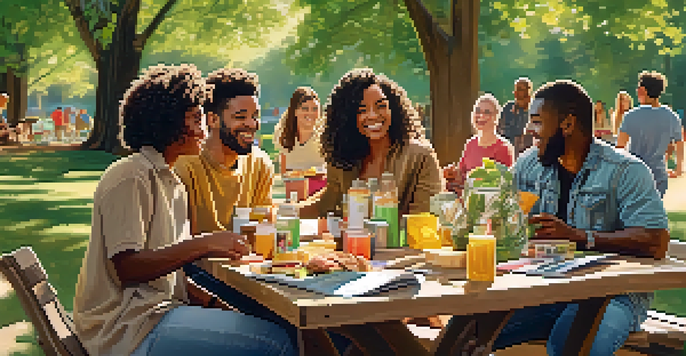 A diverse group of friends discussing their travel plans at a picnic table in a sunny park, surrounded by nature.