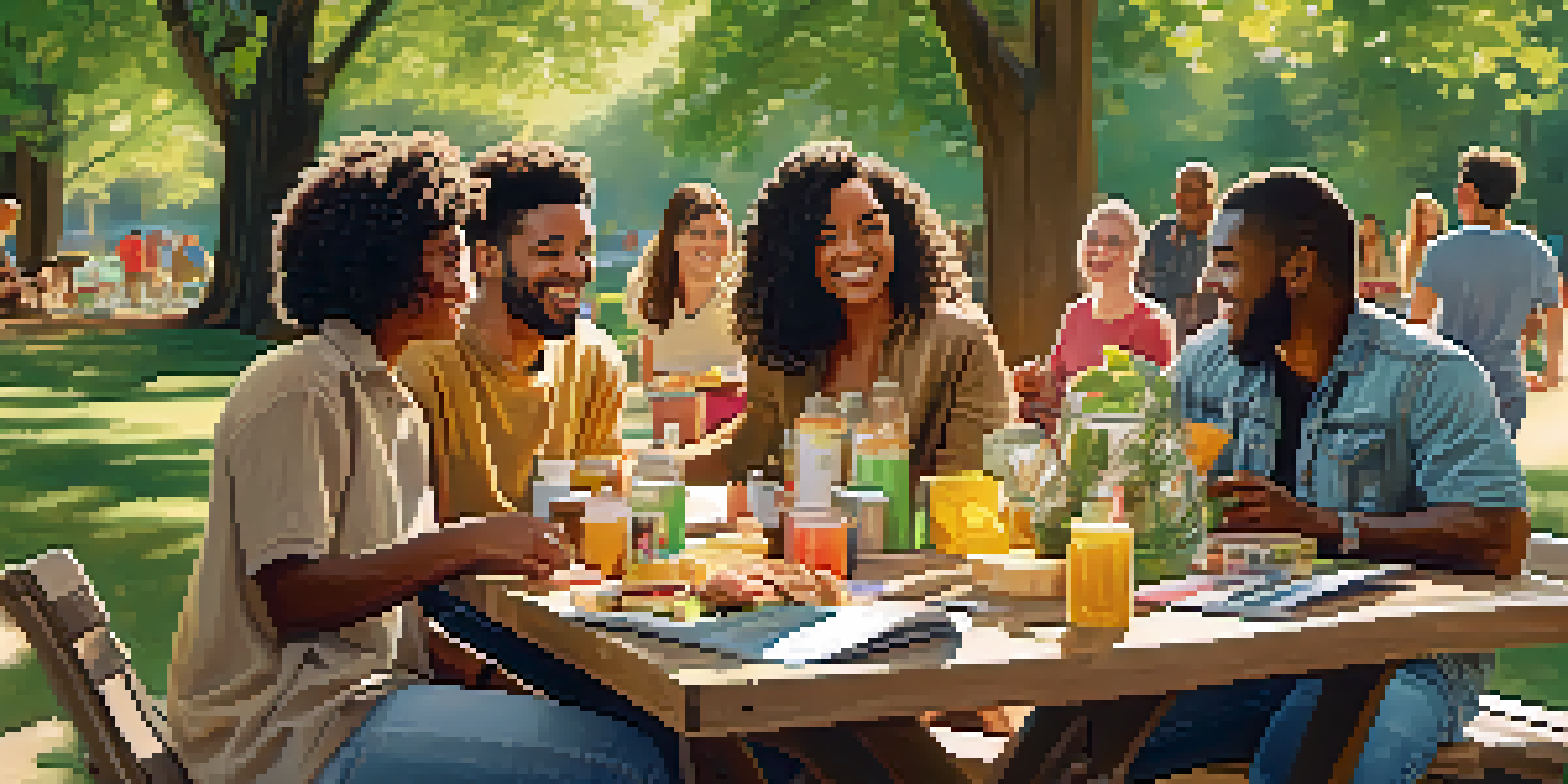 A diverse group of friends discussing their travel plans at a picnic table in a sunny park, surrounded by nature.