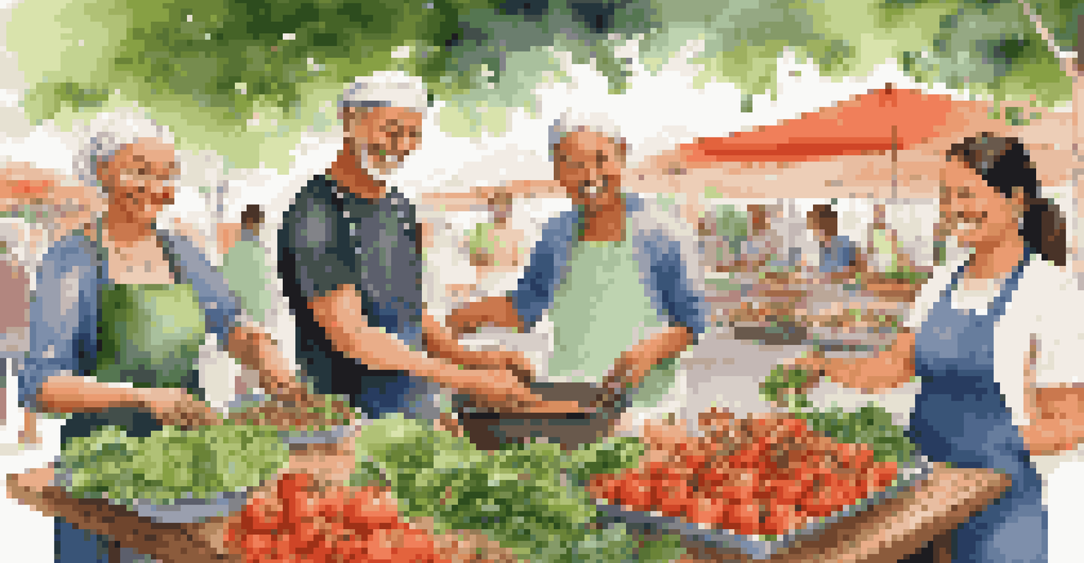 A couple enjoying an outdoor cooking class in a lively market, with colorful stalls and fresh ingredients around them.