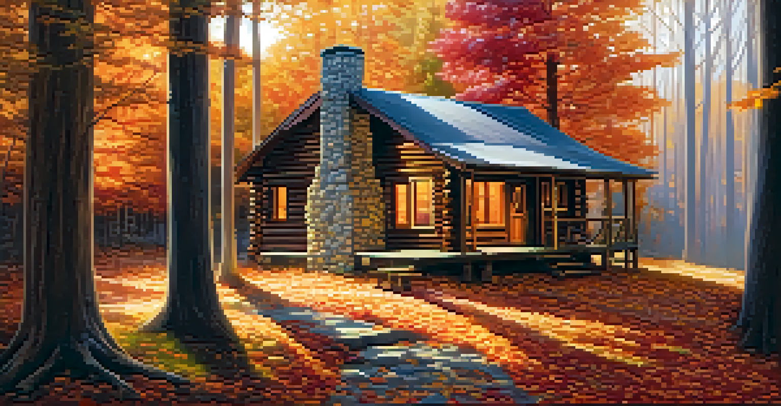 A couple walking hand in hand outside a cozy cabin in the woods during autumn, with colorful leaves around.