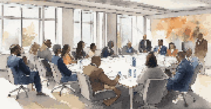 A diverse group of professionals in formal attire engaged in a meeting at a bright conference room, with a large table and various cultural clothing styles.