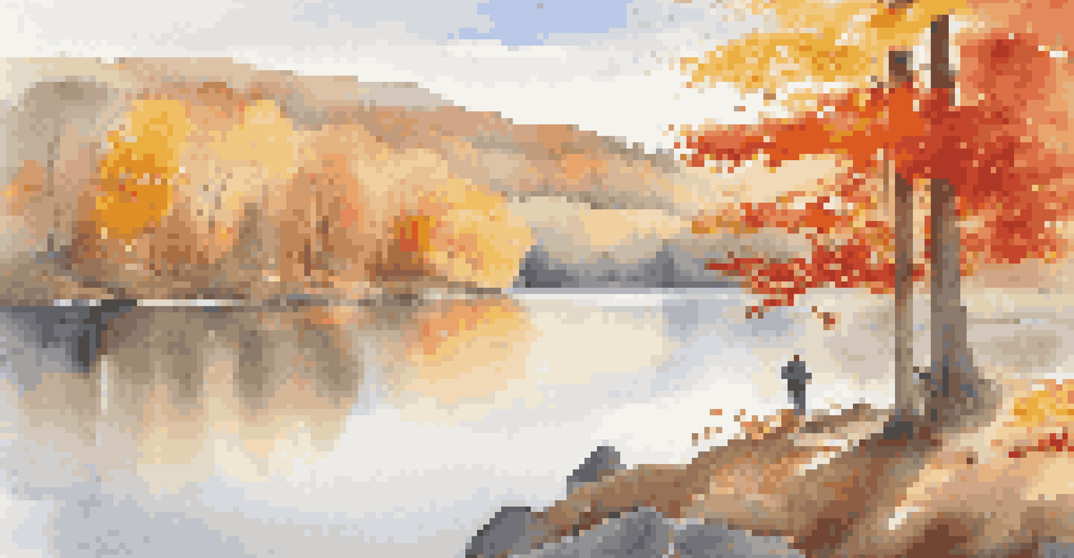 A tranquil autumn landscape in a national park with colorful leaves, a calm lake, and a hiker enjoying the serene environment under soft sunlight.