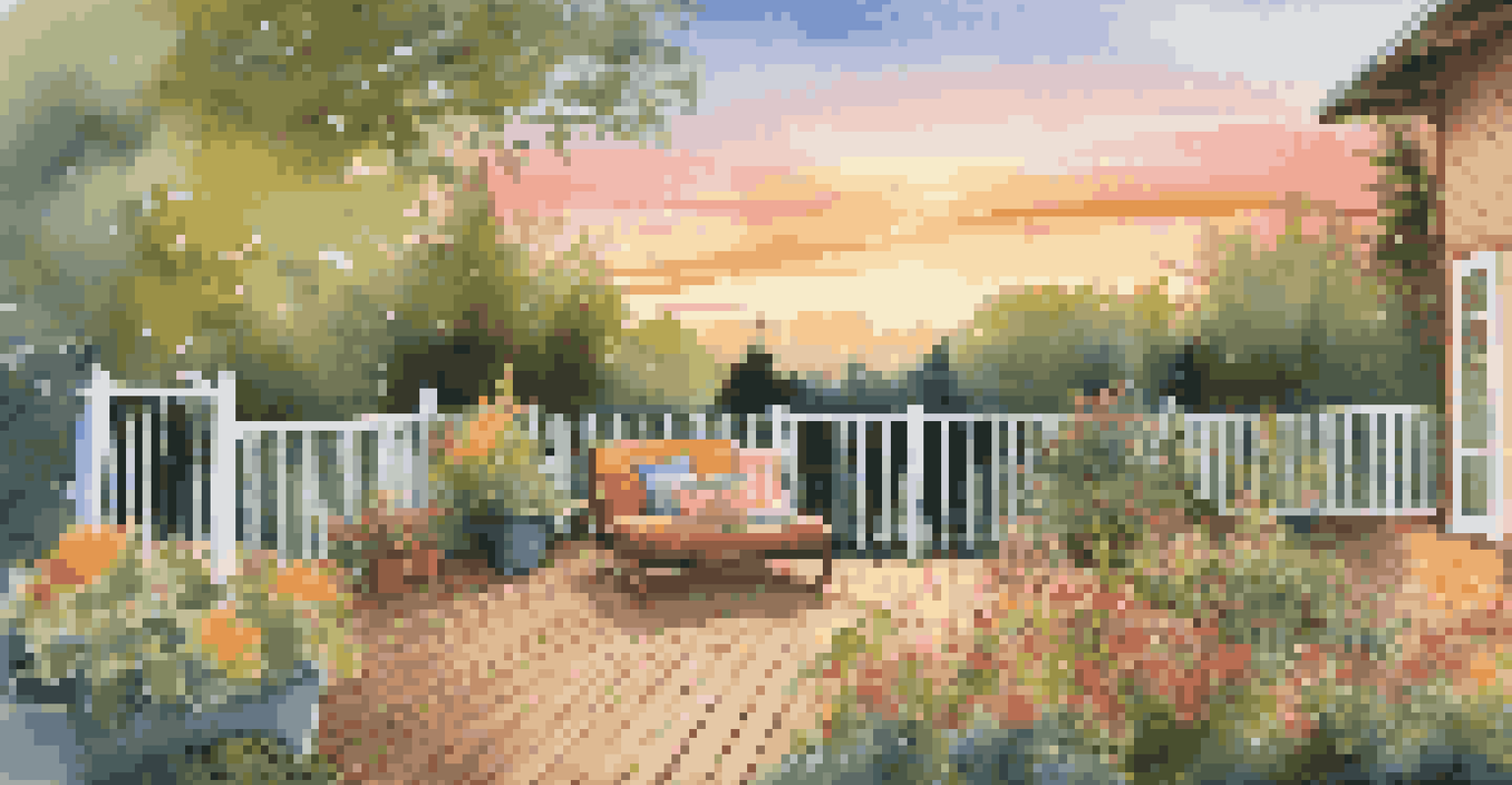 A beautiful outdoor yard at a pet-friendly Airbnb with a dog playing in a fenced area, surrounded by blooming flowers and a sunset.