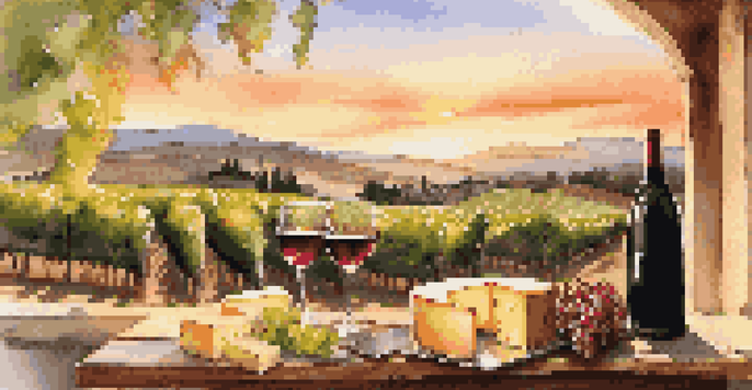 A picturesque vineyard in Napa Valley at sunset, featuring a picnic table with a cheese platter and glasses of red wine, surrounded by lush grapevines.