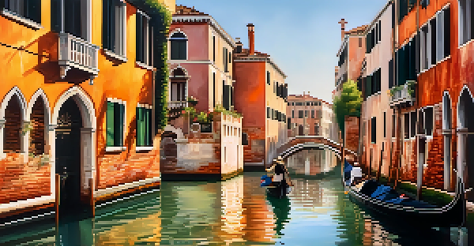 A couple in a gondola on the canals of Venice during sunset, with historic buildings reflecting in the water.