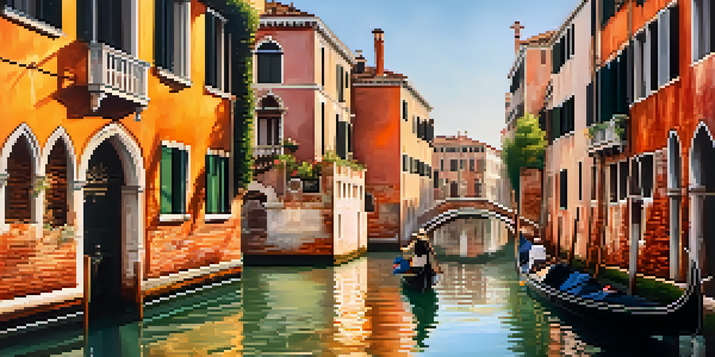 A couple in a gondola on the canals of Venice during sunset, with historic buildings reflecting in the water.