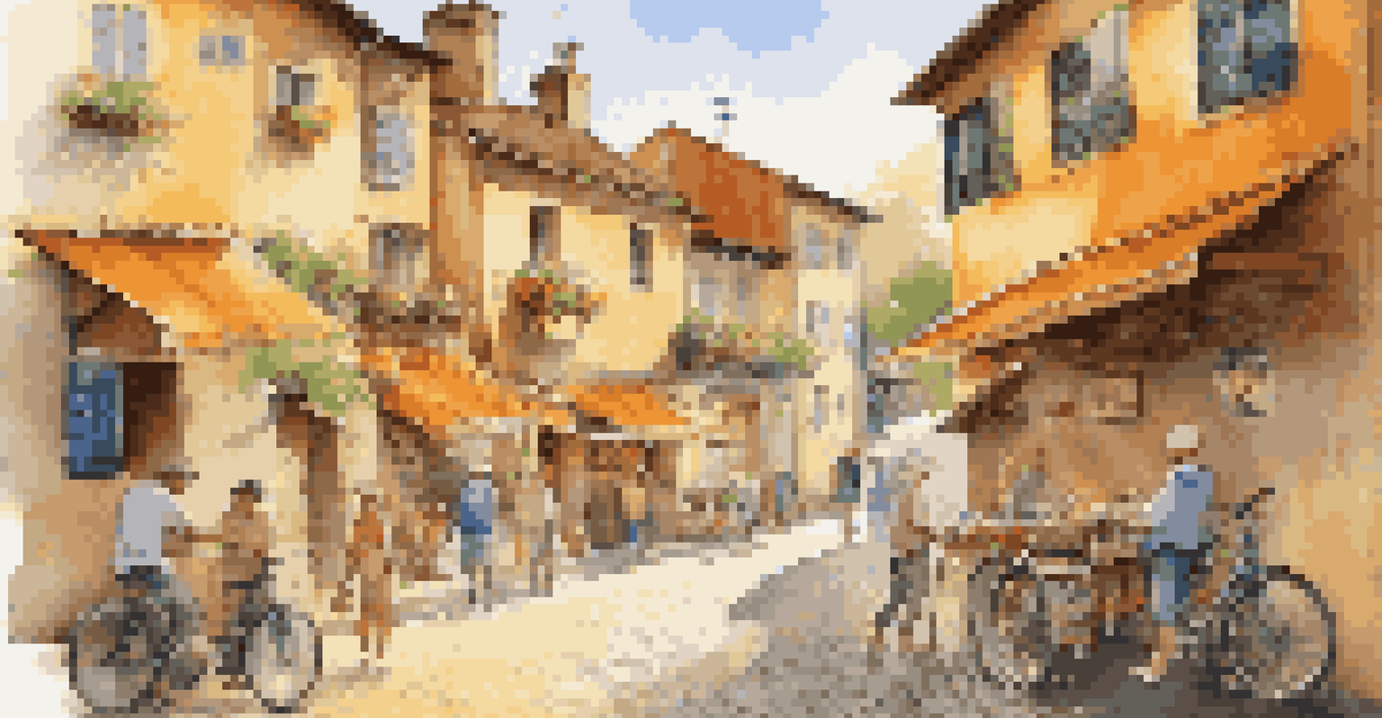 A traveler biking through a charming village filled with vibrant local shops and artisans, under a warm golden sunlight.