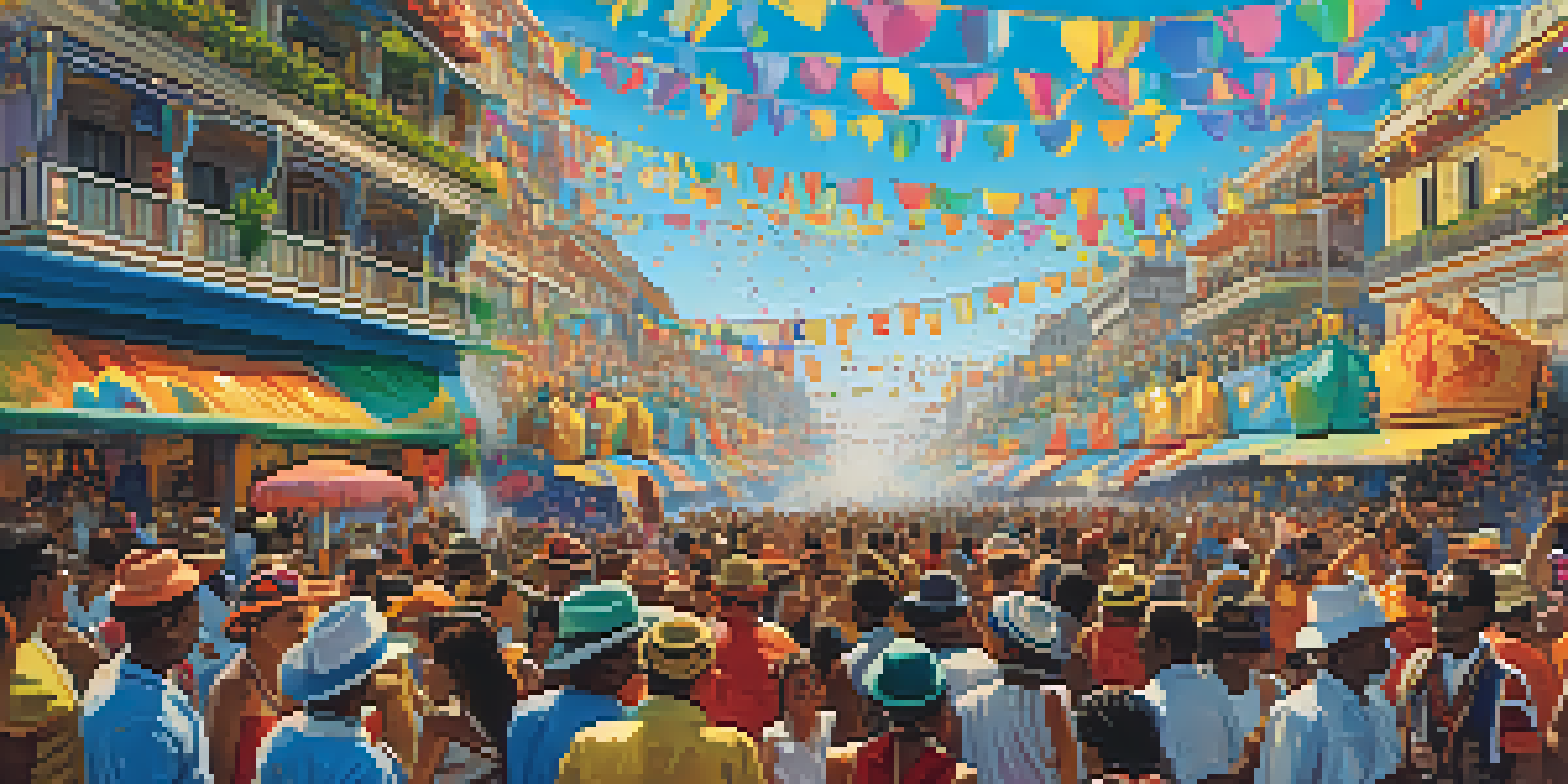 A lively street scene at Rio Carnival with people in bright costumes dancing around a decorated parade float.