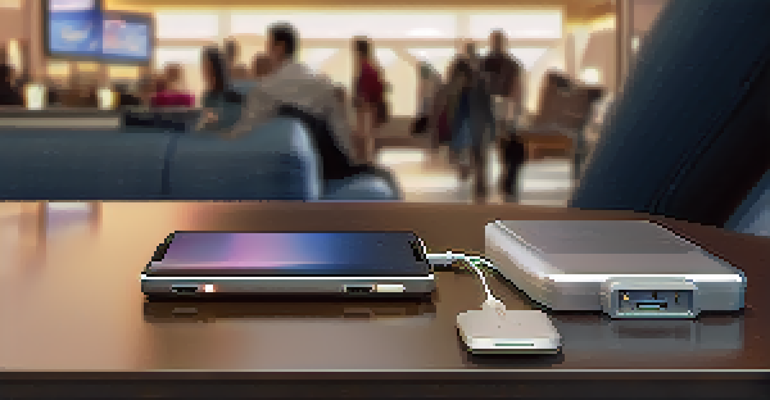 A portable charger with electronic devices on a traveler's lap in an airport lounge, with a busy terminal in the background.