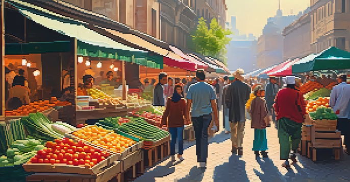 A busy market with colorful stalls and people shopping, capturing the essence of urban life.