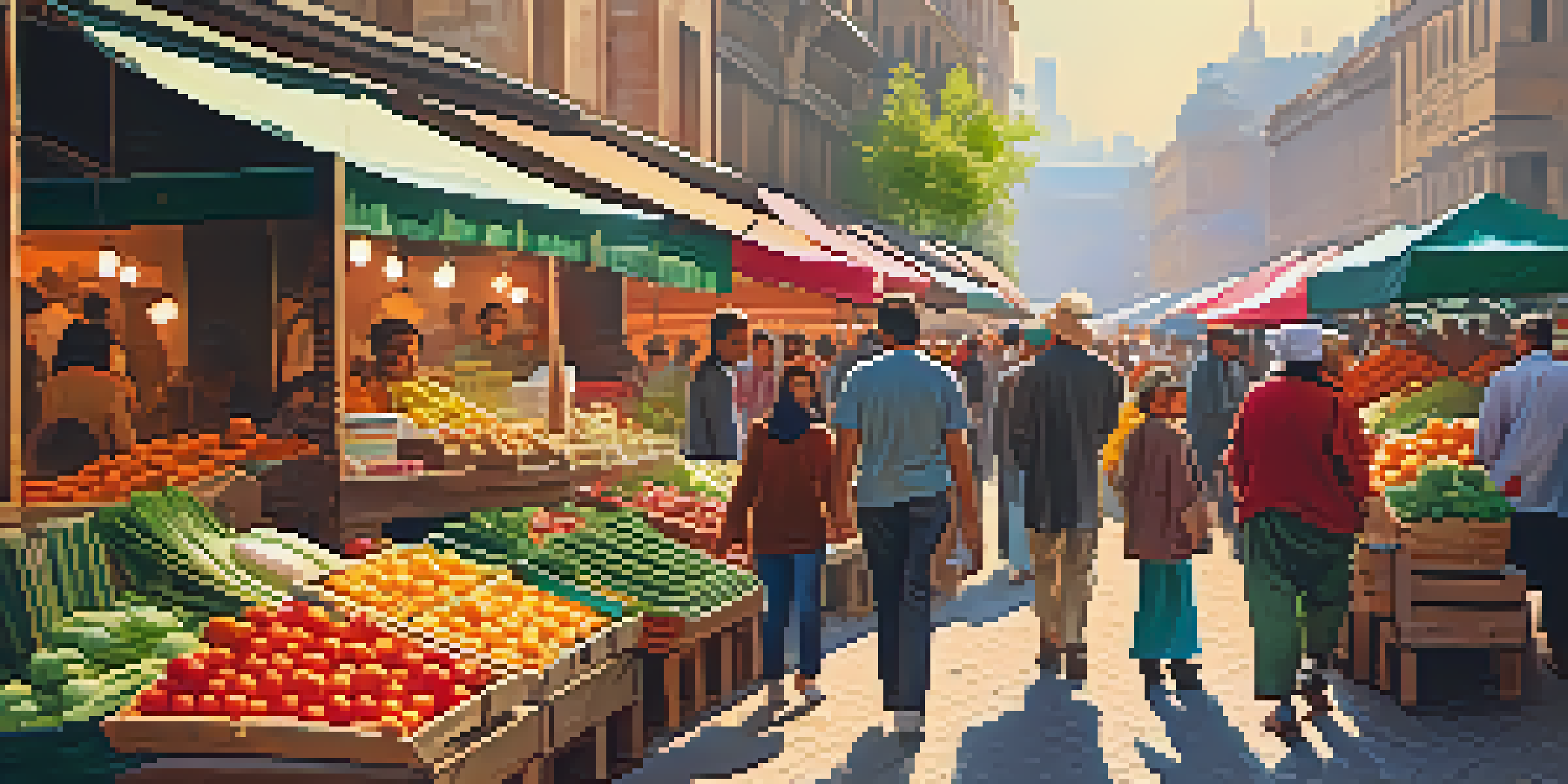 A busy market with colorful stalls and people shopping, capturing the essence of urban life.