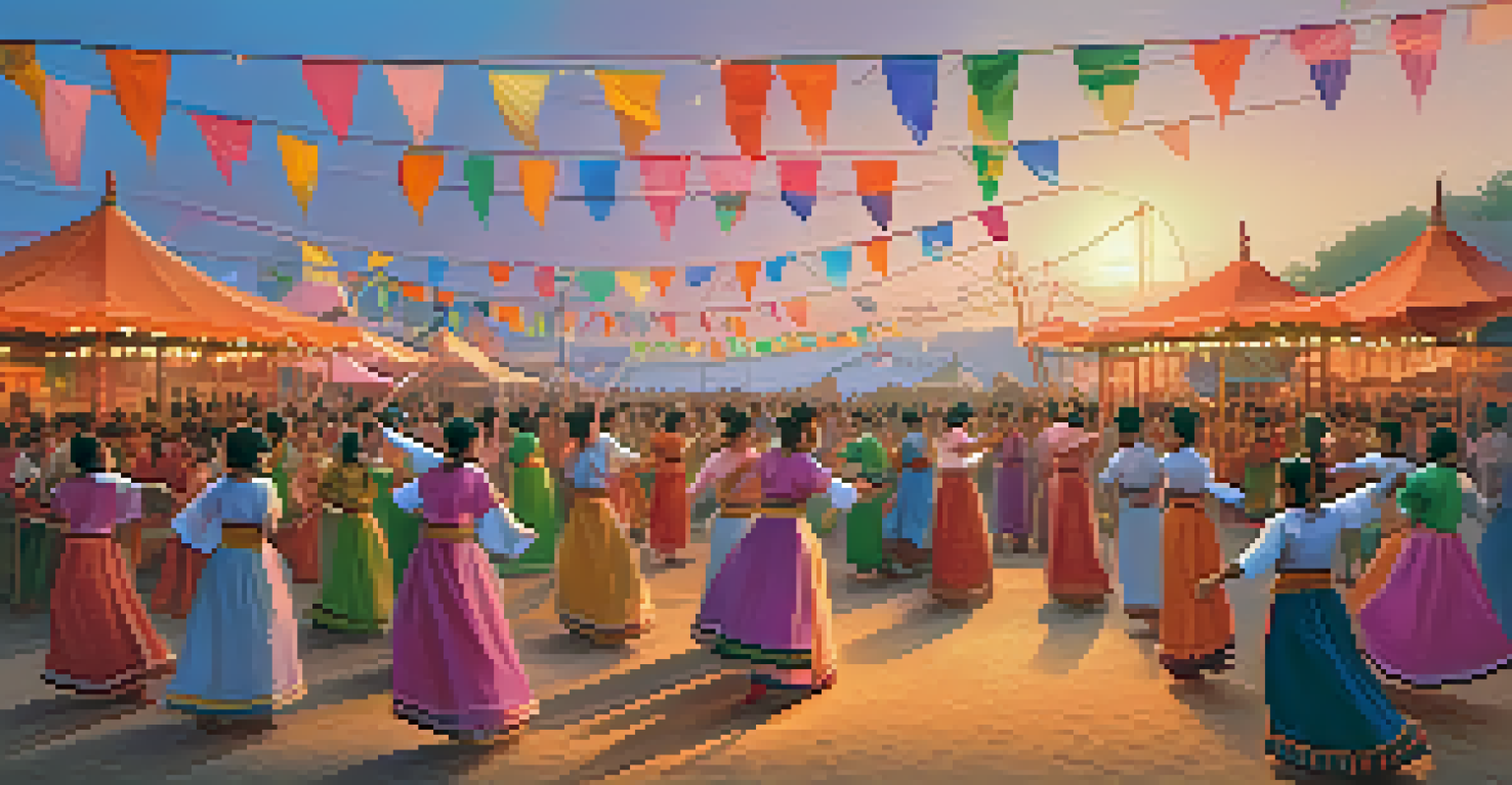 A vibrant outdoor cultural festival with dancers in traditional costumes, a lively crowd, and a beautiful sunset backdrop.