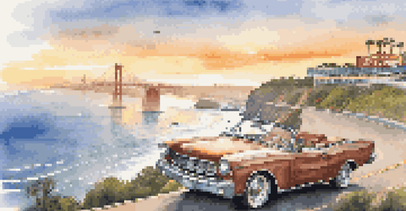 A classic convertible parked along the Pacific Coast Highway with views of iconic sports stadiums and a stunning sunset over the ocean.