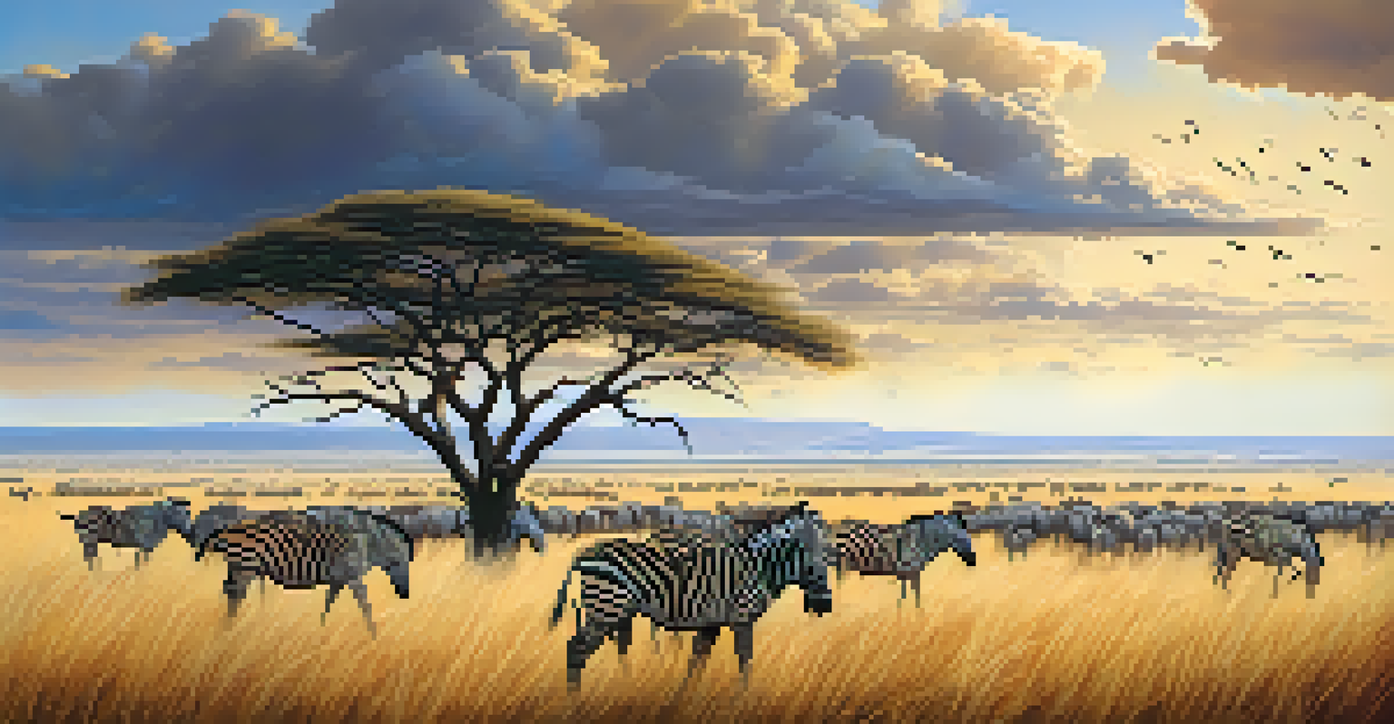 A herd of wildebeests and zebras migrating across the Serengeti plains under a cloudy sky.