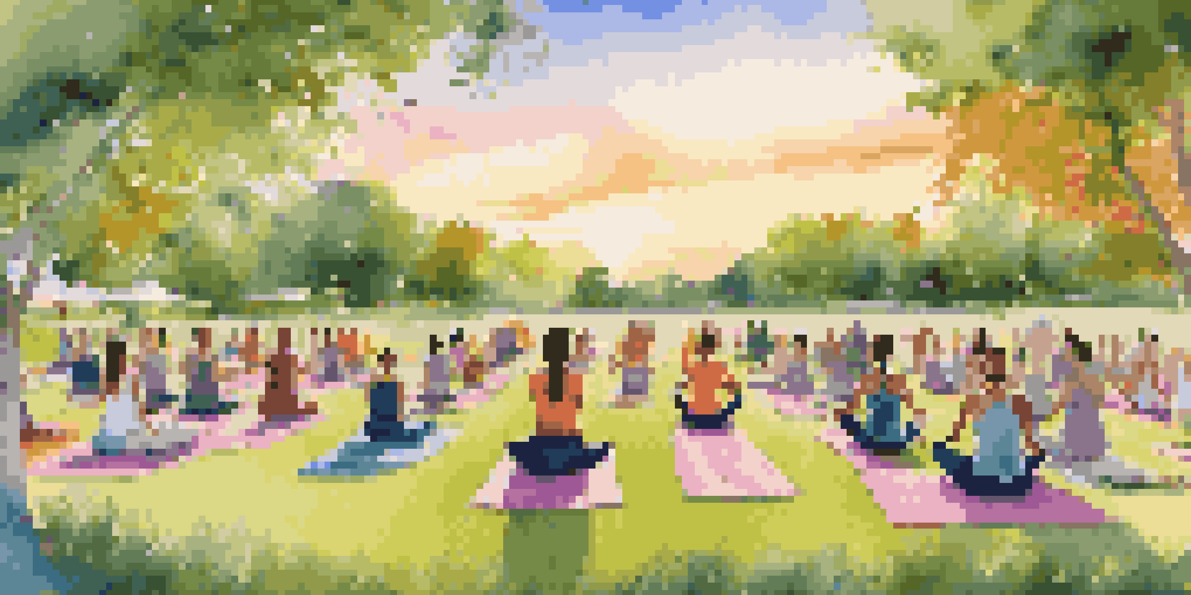 A diverse group of people practicing yoga outdoors at sunset, surrounded by trees and festival decorations.