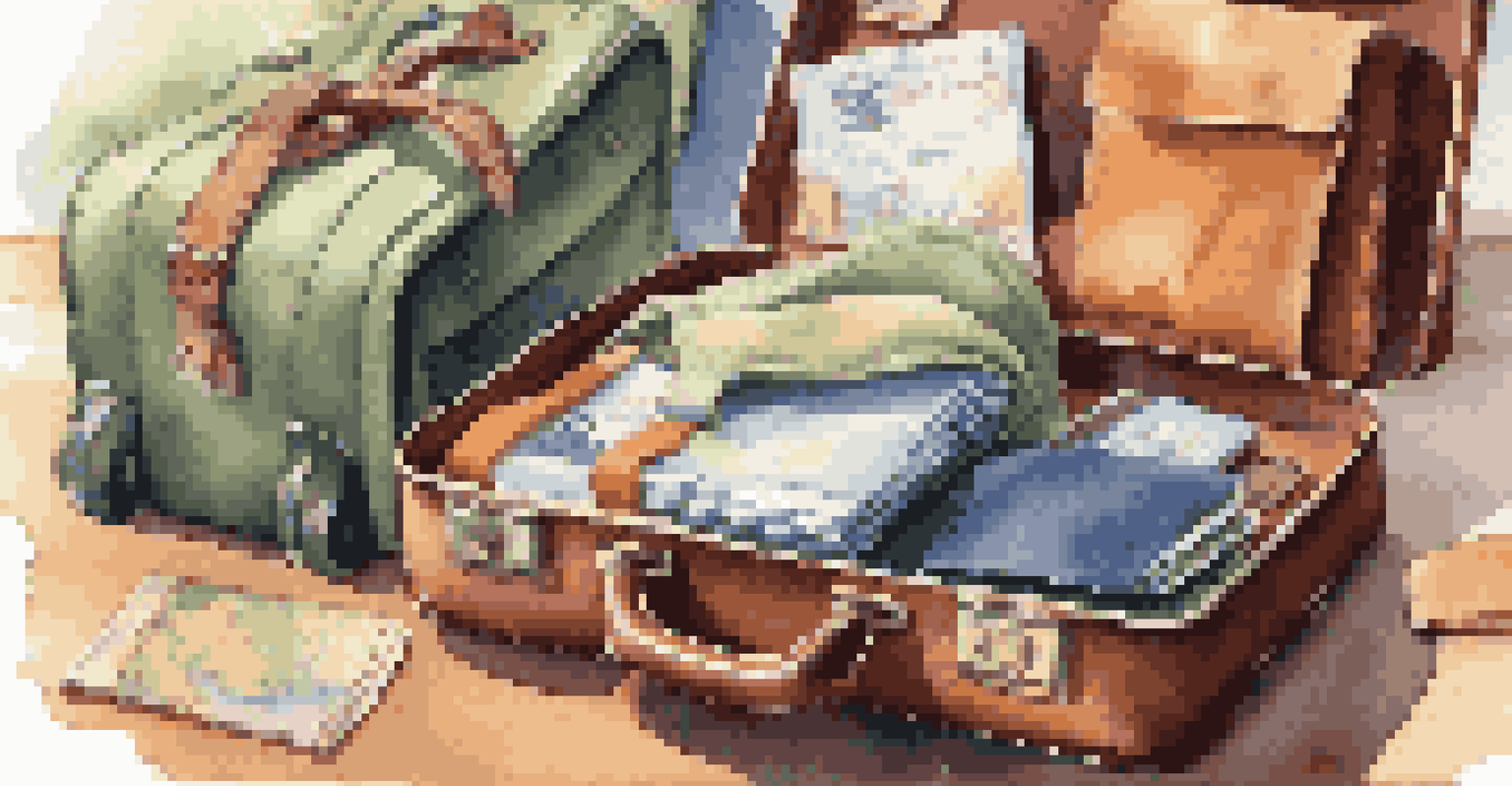 An open suitcase packed with clothing and essentials next to a travel wallet containing passports and documents, set against a bright window.