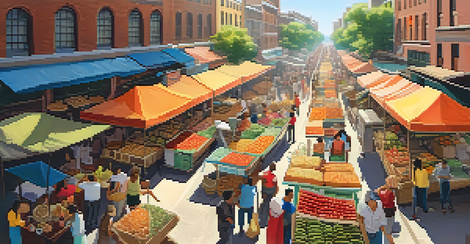 An overhead view of a vibrant street market with colorful food stalls and people enjoying local delicacies under bright sunlight.