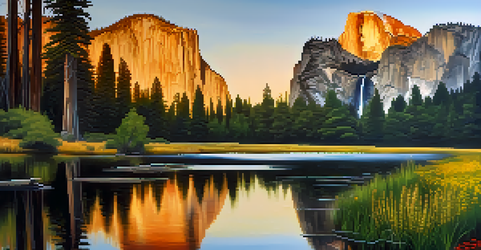 A stunning sunrise view of Yosemite National Park with El Capitan and Half Dome reflecting in a calm lake surrounded by trees and wildflowers.