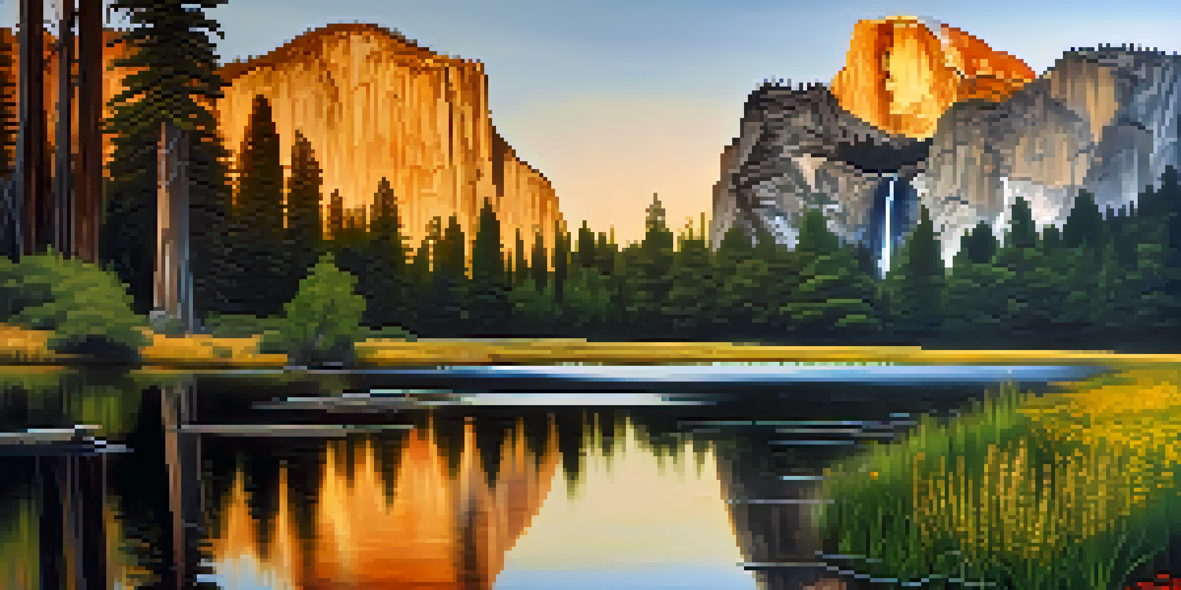 A stunning sunrise view of Yosemite National Park with El Capitan and Half Dome reflecting in a calm lake surrounded by trees and wildflowers.