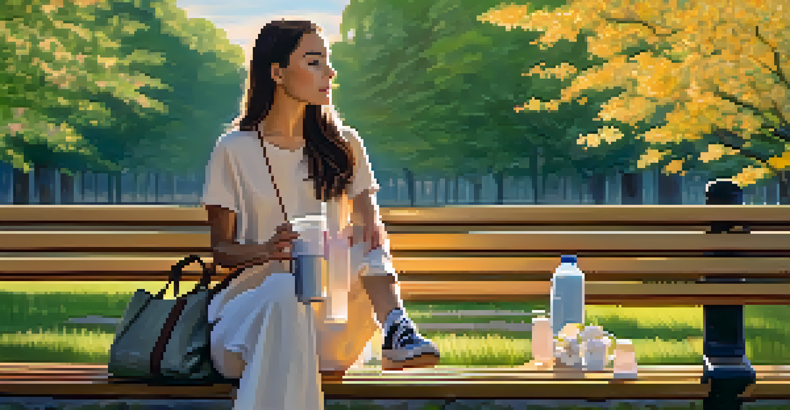 A traveler enjoying nature on a park bench with a reusable water bottle and tote bag during sunset.