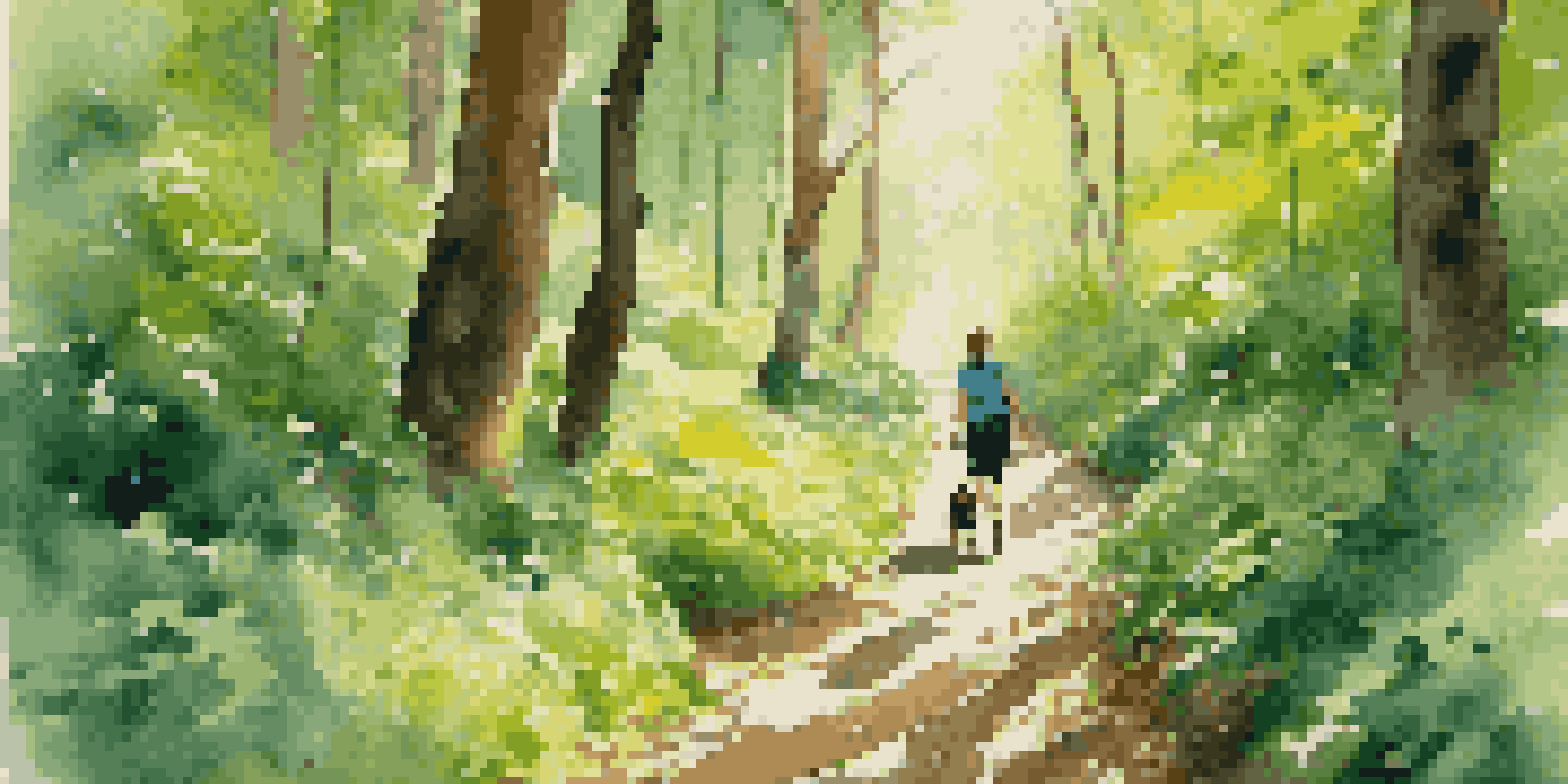 A happy dog running through a green forest trail, with sunlight filtering through the trees and a person smiling in the background.