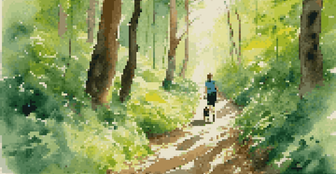A happy dog running through a green forest trail, with sunlight filtering through the trees and a person smiling in the background.