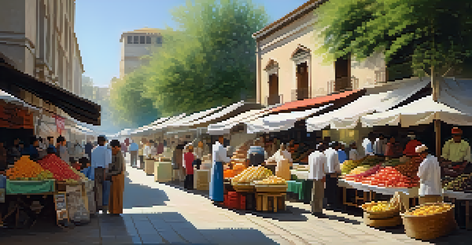 A lively local marketplace filled with fruits and crafts, showcasing interactions between locals and travelers.