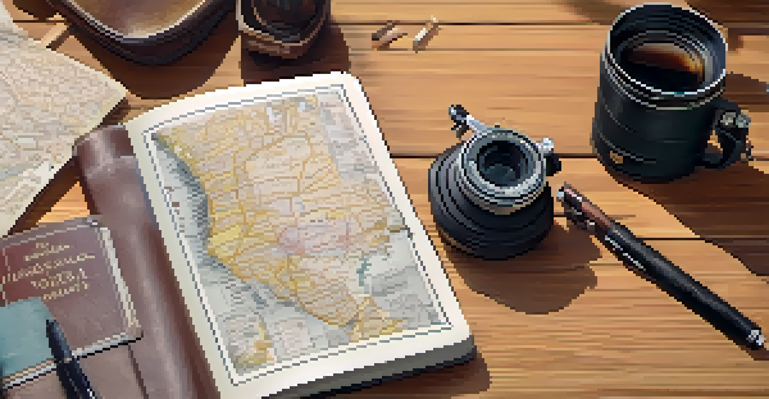 An open travel journal with a pen and travel essentials on a wooden table, illuminated by natural light.
