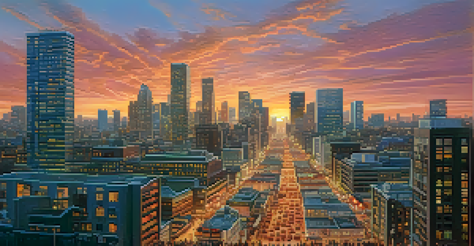 A vibrant cityscape at sunset with illuminated skyscrapers and a colorful sky.
