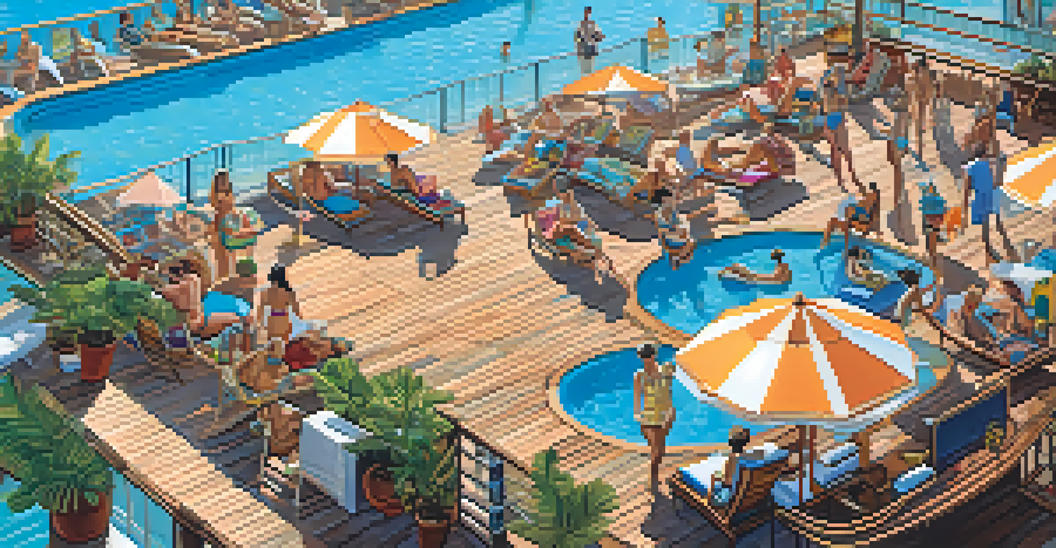 A crowded cruise ship deck with people enjoying activities such as swimming, dining, and games under a clear blue sky.