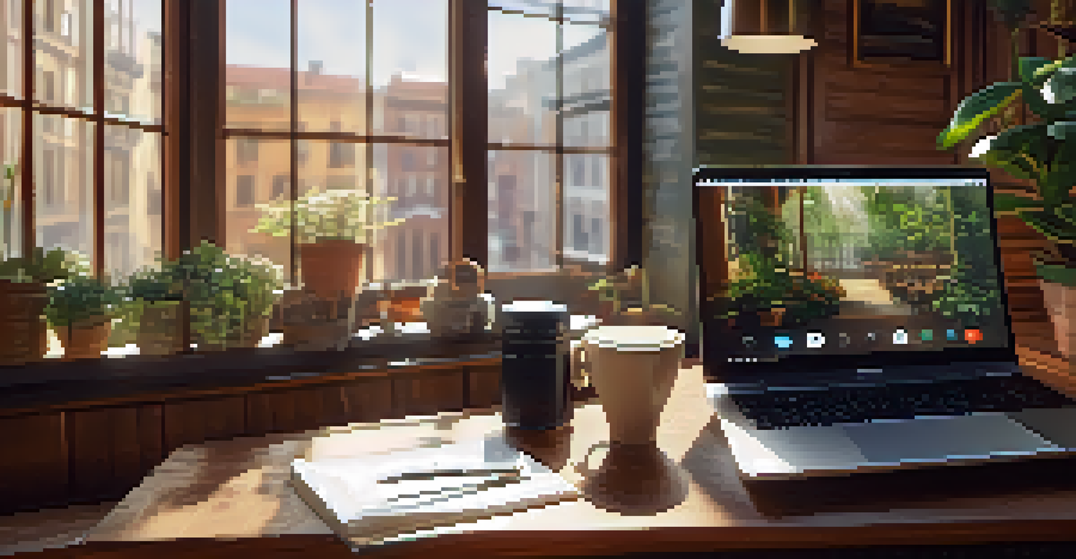 A laptop on a wooden table in a café with coffee and a notebook, illuminated by natural light.