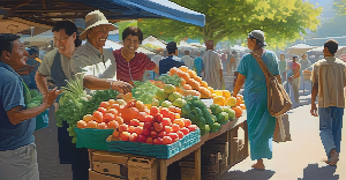 A traveler engages with a local vendor in a colorful market, surrounded by fresh produce and warm sunlight.