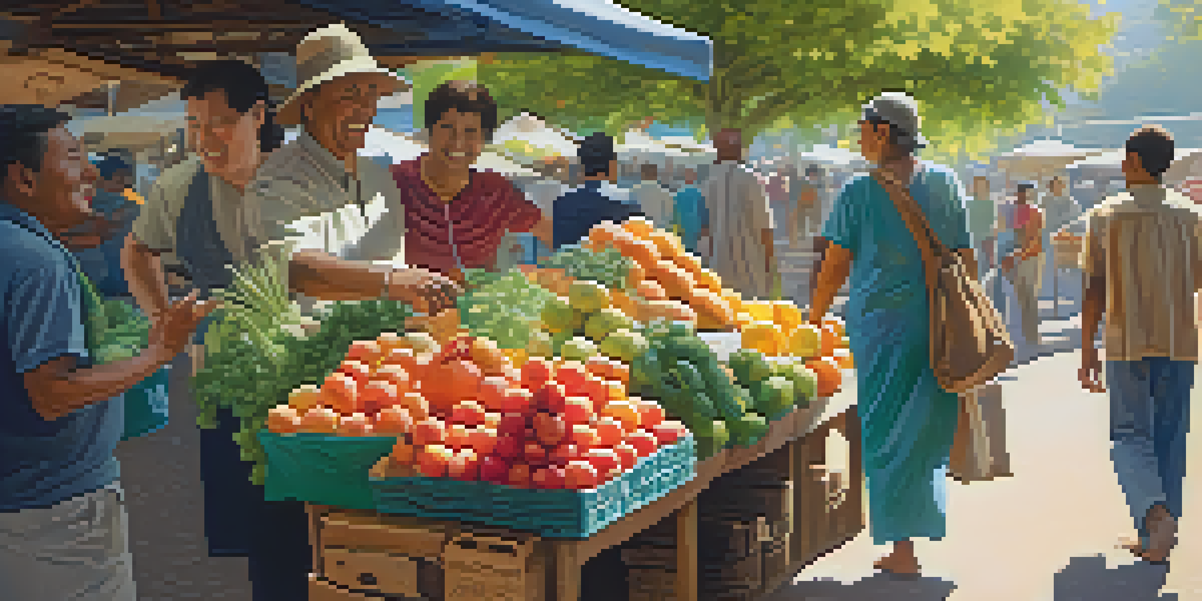 A traveler engages with a local vendor in a colorful market, surrounded by fresh produce and warm sunlight.