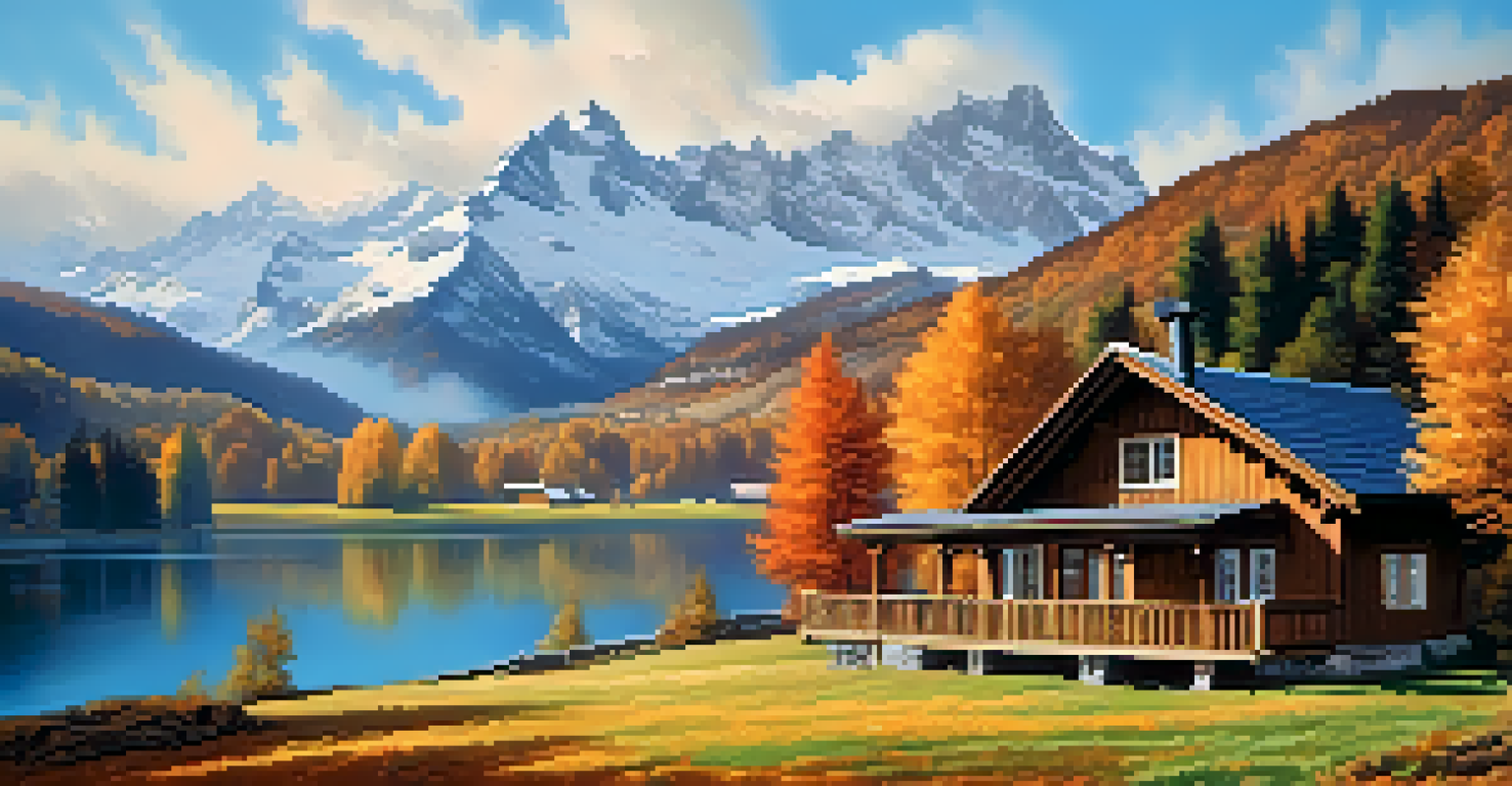 A picturesque view of the Swiss Alps in autumn, featuring a cozy lodge surrounded by colorful fall foliage and snow-capped mountains.