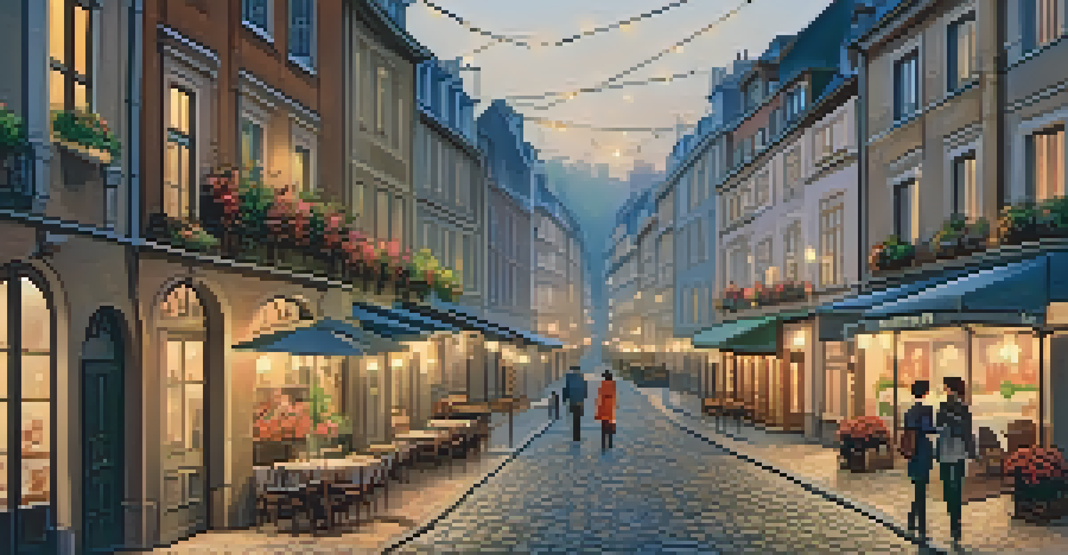 A couple walking hand-in-hand through a charming European street at dusk, surrounded by cafes and flowers.