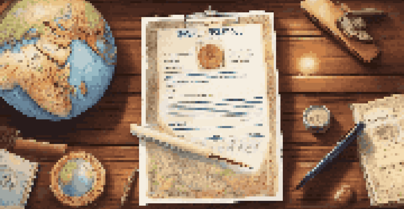 A travel insurance document on a wooden desk with a pen, travel guide, and a small globe in warm lighting.