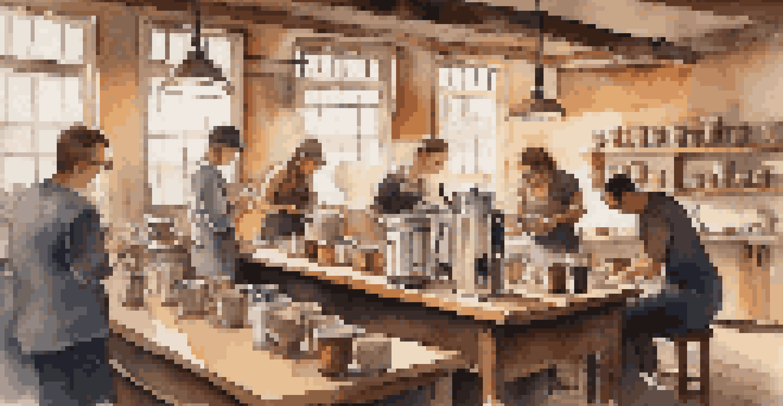A cozy coffee workshop with people learning brewing techniques, featuring coffee equipment and freshly roasted beans on a well-lit table.