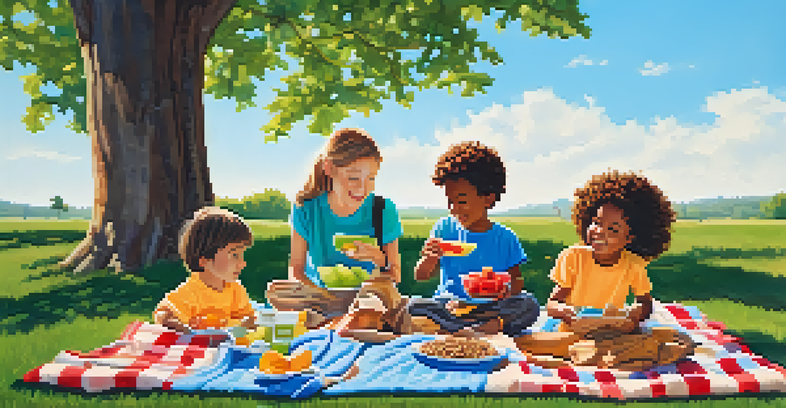 Children enjoying a picnic on a colorful blanket with healthy snacks in a park under a blue sky.