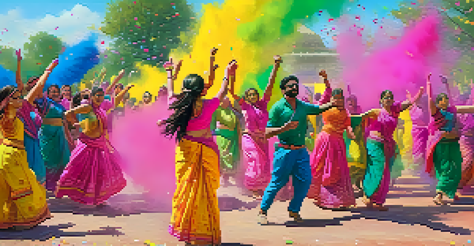 People celebrating Holi by throwing colored powders in a park.