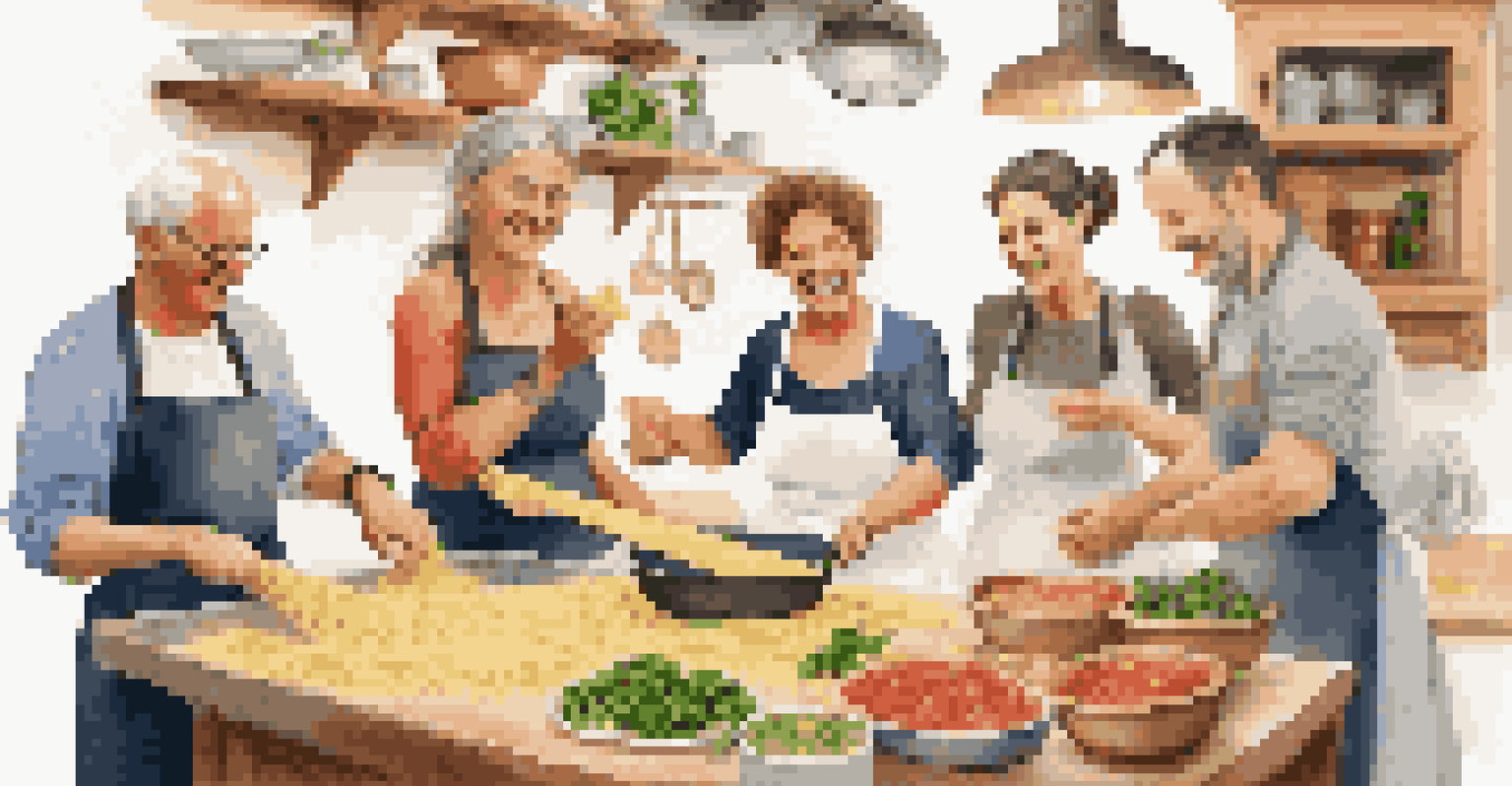 Travelers participating in a traditional cooking class in Italy, preparing pasta and sharing stories.